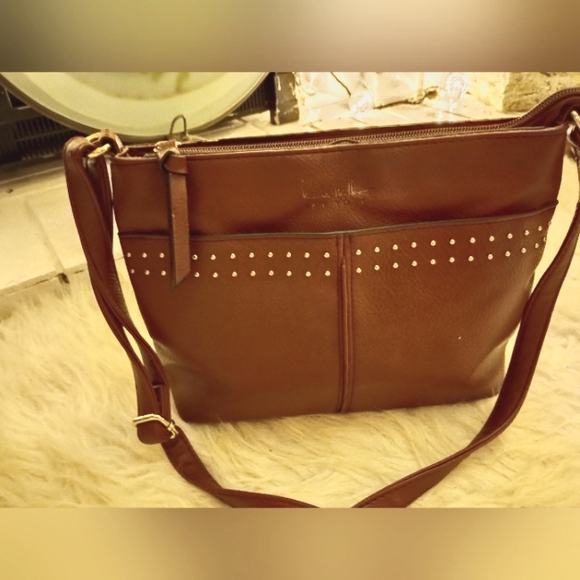 Nicole Miller shoulder bag. Brown with stud accents. Adjustable strap. - Picture 2 of 10